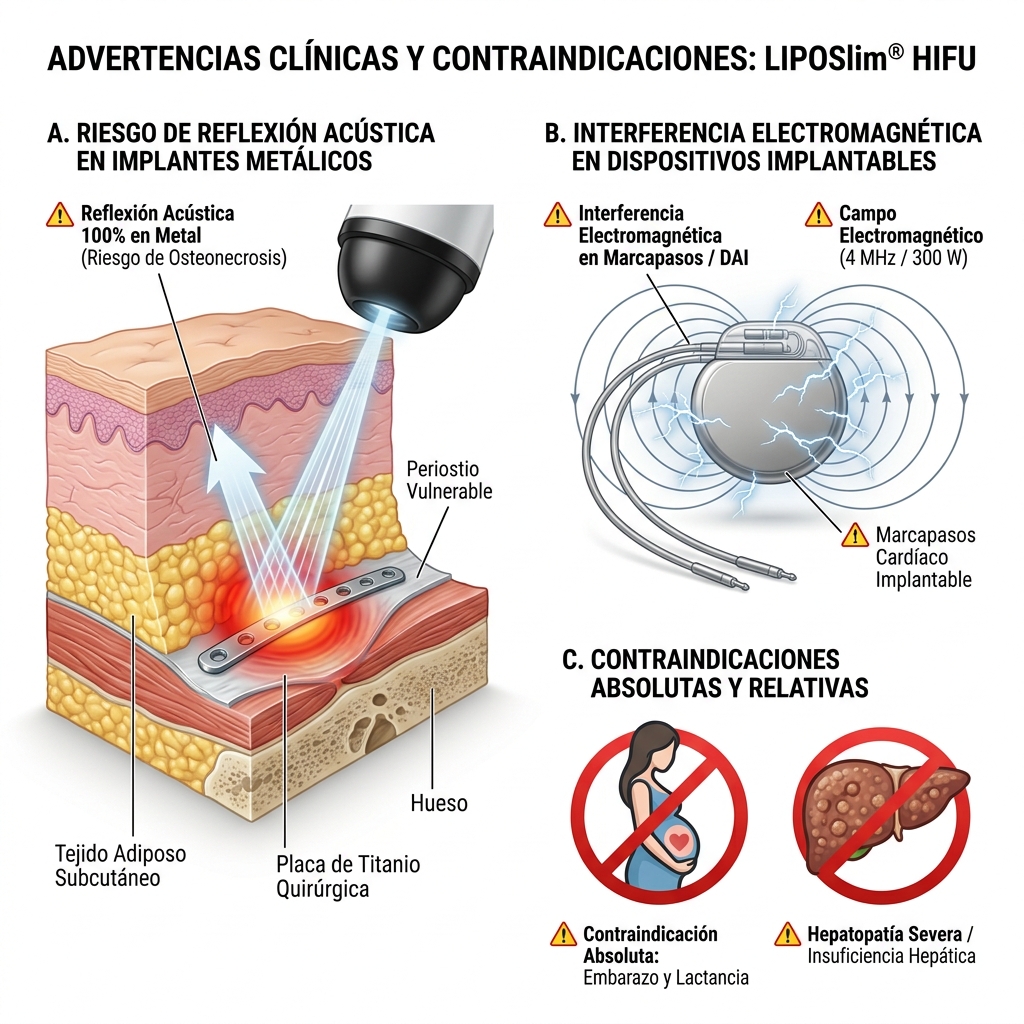 Diagrama 3D biomédico explicativo de las contraindicaciones absolutas del HIFU: reflexión acústica del 100% sobre osteosíntesis metálica con osteonecrosis, interferencia electromagnética en marcapasos cardíaco y estado de gravidez.