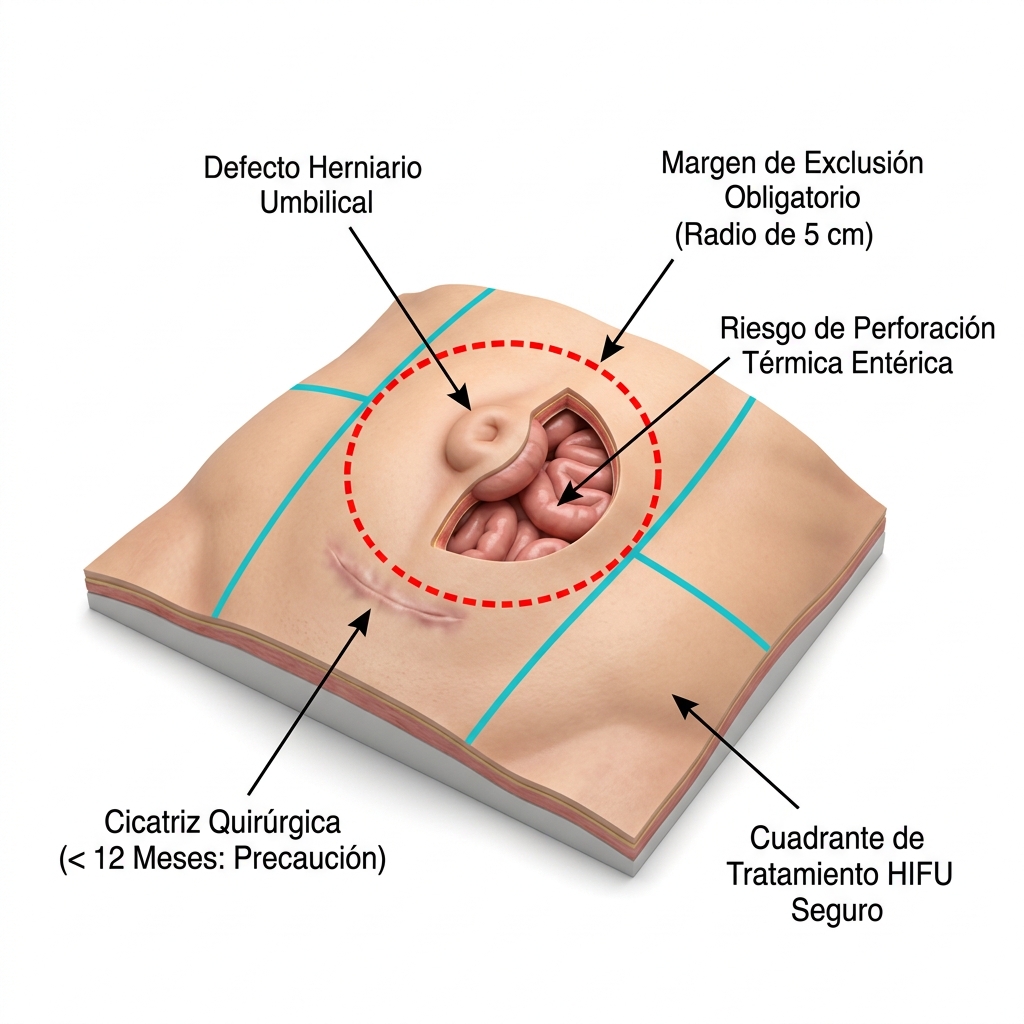 Mapa 3D anatómico de la pared abdominal delimitando la zona de exclusión de seguridad de 5 cm alrededor de hernias umbilicales y cicatrices recientes, previniendo perforación intestinal o quemaduras en colágeno cicatrizal.