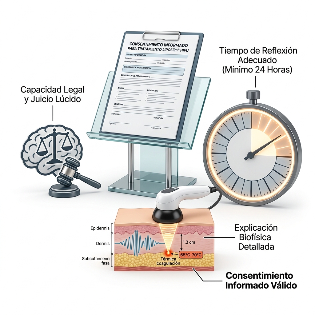 Esquema 3D médico-legal de los pilares de validez del consentimiento informado: capacidad jurídica, período de reflexión de 24 horas y comunicación médico-paciente sobre la biofísica HIFU.