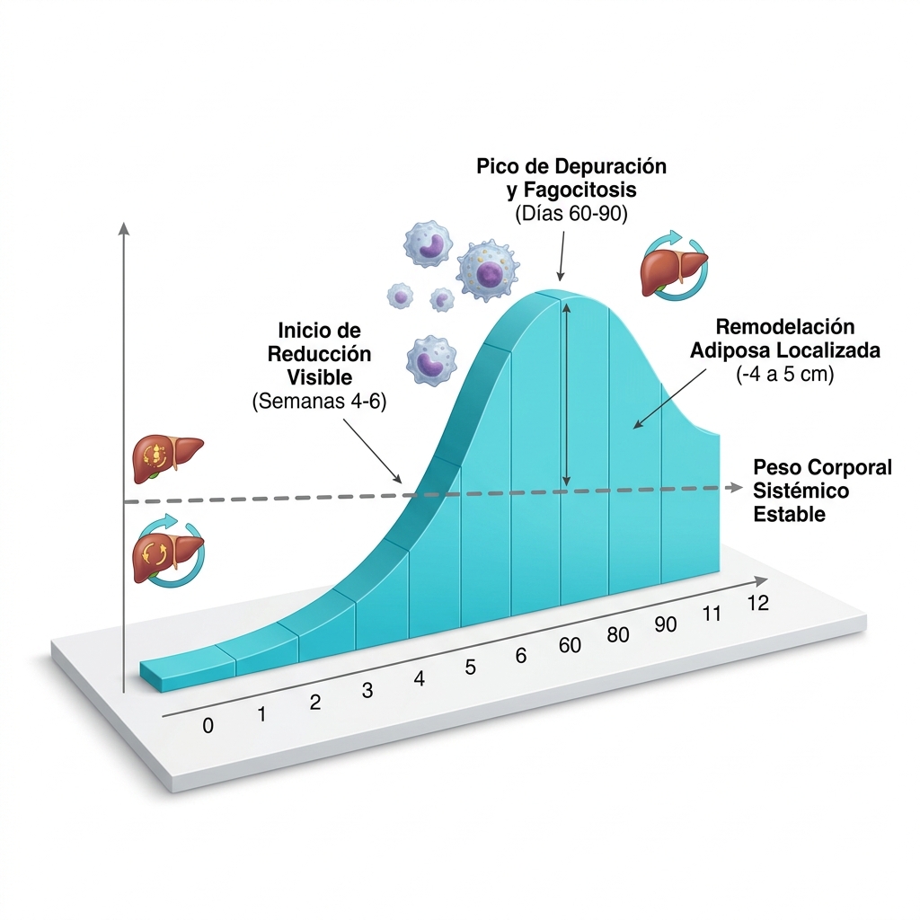 Gráfica 3D médica de evolución biológica y cronograma de resultados post-HIFU (semanas 0 a 12), contrastando la reducción de perímetro adiposo localizado frente a peso corporal total, y marcando el pico de fagocitosis entre días 60 y 90.