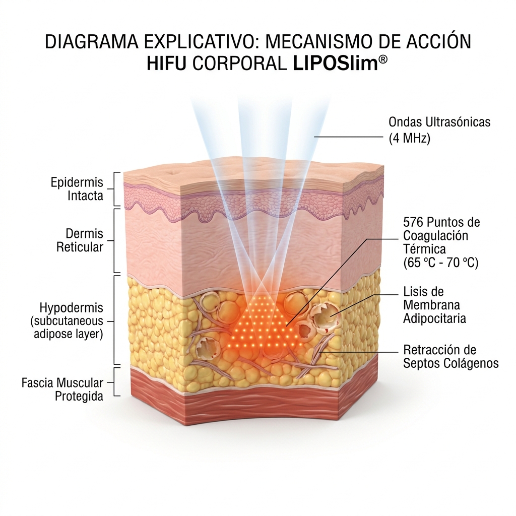 Corte anatómico 3D de la piel mostrando la convergencia del haz macrofocalizado a 4 MHz generando 576 puntos de coagulación térmica a 65-70 °C en el tejido adiposo, preservando la epidermis y dermis.