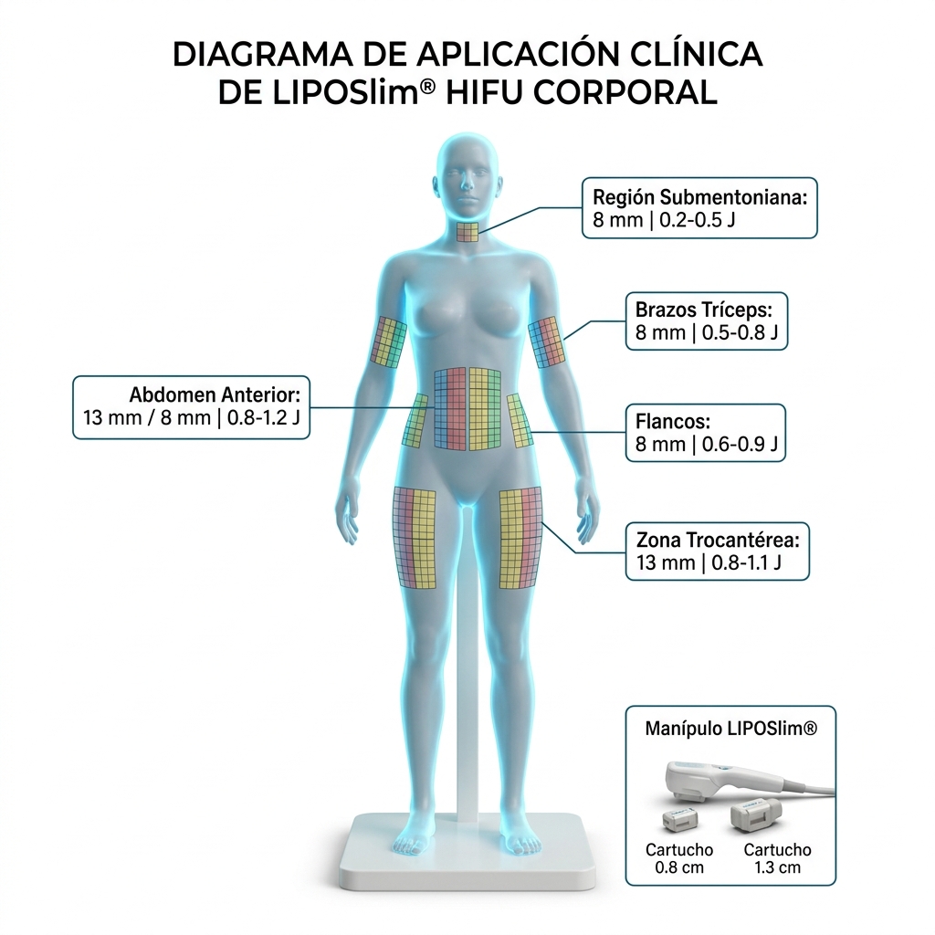 Mapa topográfico 3D del cuerpo humano con la distribución dosimétrica por zonas corporales (abdomen, flancos, muslos, brazos, submentón), detallando cartucho sugerido, cuadrículas y julios.