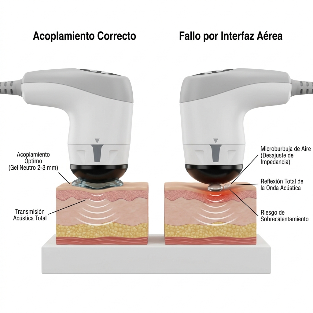 Esquema técnico 3D comparativo de la interfaz transductor-piel: acoplamiento correcto con gel neutro continuo vs. fallo por microburbuja de aire con reflexión de onda y sobrecalentamiento.
