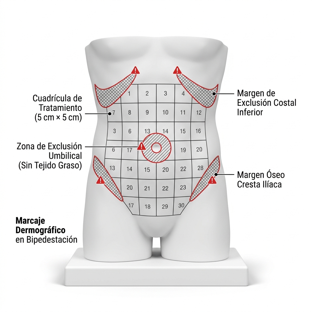 Esquema clínico 3D de marcaje dermográfico en cuadrículas de 5x5 cm en el abdomen anterior con señalización explícita de zonas de exclusión anatómica (ombligo, reborde costal, crestas ilíacas).
