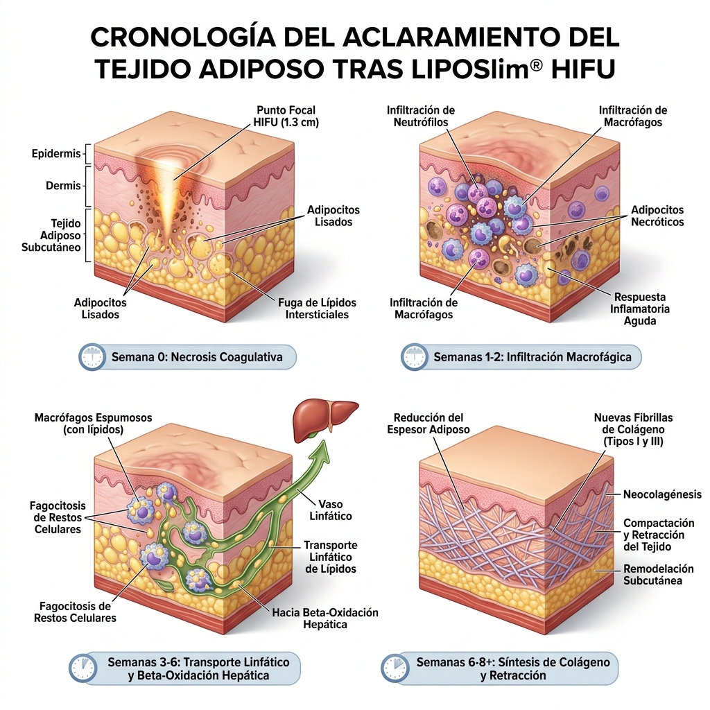 Infografía celular y tisular 3D de la cronobiología post-HIFU en 4 fases temporales: necrosis inicial (Semana 0), inflamación aguda (Semanas 1-2), fagocitosis macrofágica y transporte linfático (Semanas 3-6), y neocolagénesis con remodelación (Semanas 6-8+).