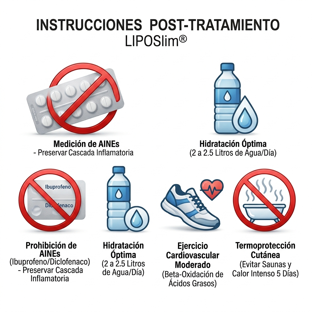 Infografía médica 3D de las cuatro pautas domiciliarias post-HIFU: prohibición de AINEs, consumo de agua (2 a 2.5 L), ejercicio cardiovascular para beta-oxidación y protección térmica.