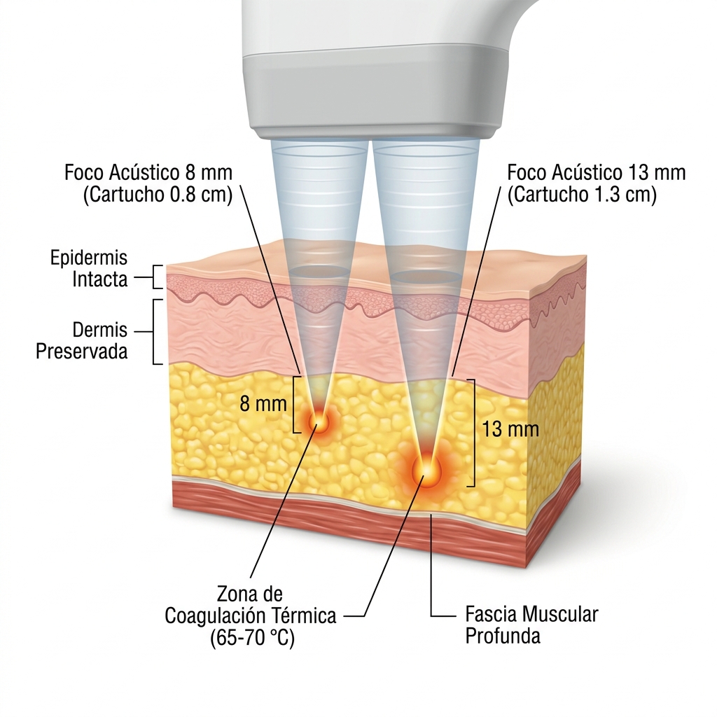 Esquema 3D en corte anatómico transversal de la piel y tejido graso subcutáneo que ilustra la convergencia de ultrasonido macrofocalizado a 8 mm y 13 mm, generando zonas de coagulación térmica a 65-70 °C.