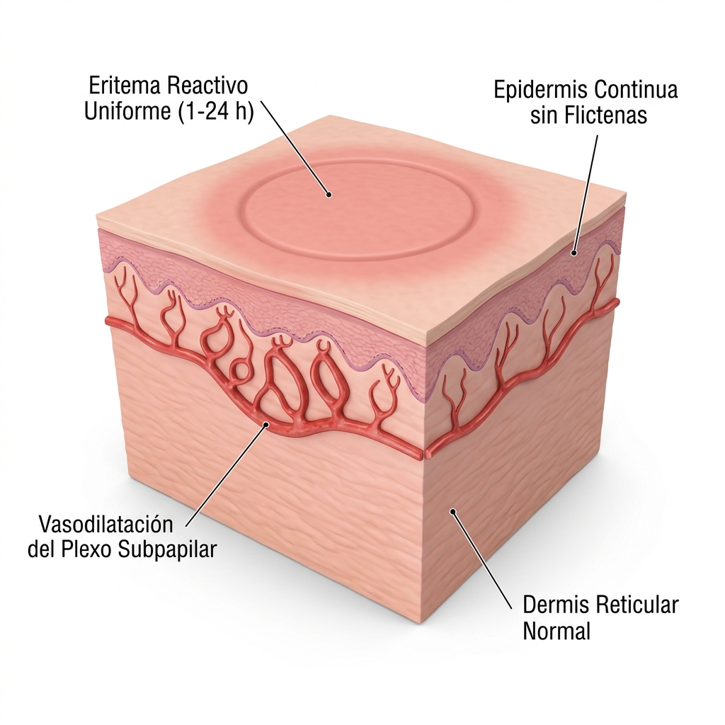 Render 3D biomédico en corte transversal que muestra la vasodilatación fisiológica del plexo dérmico subpapilar tras la descarga de HIFU.