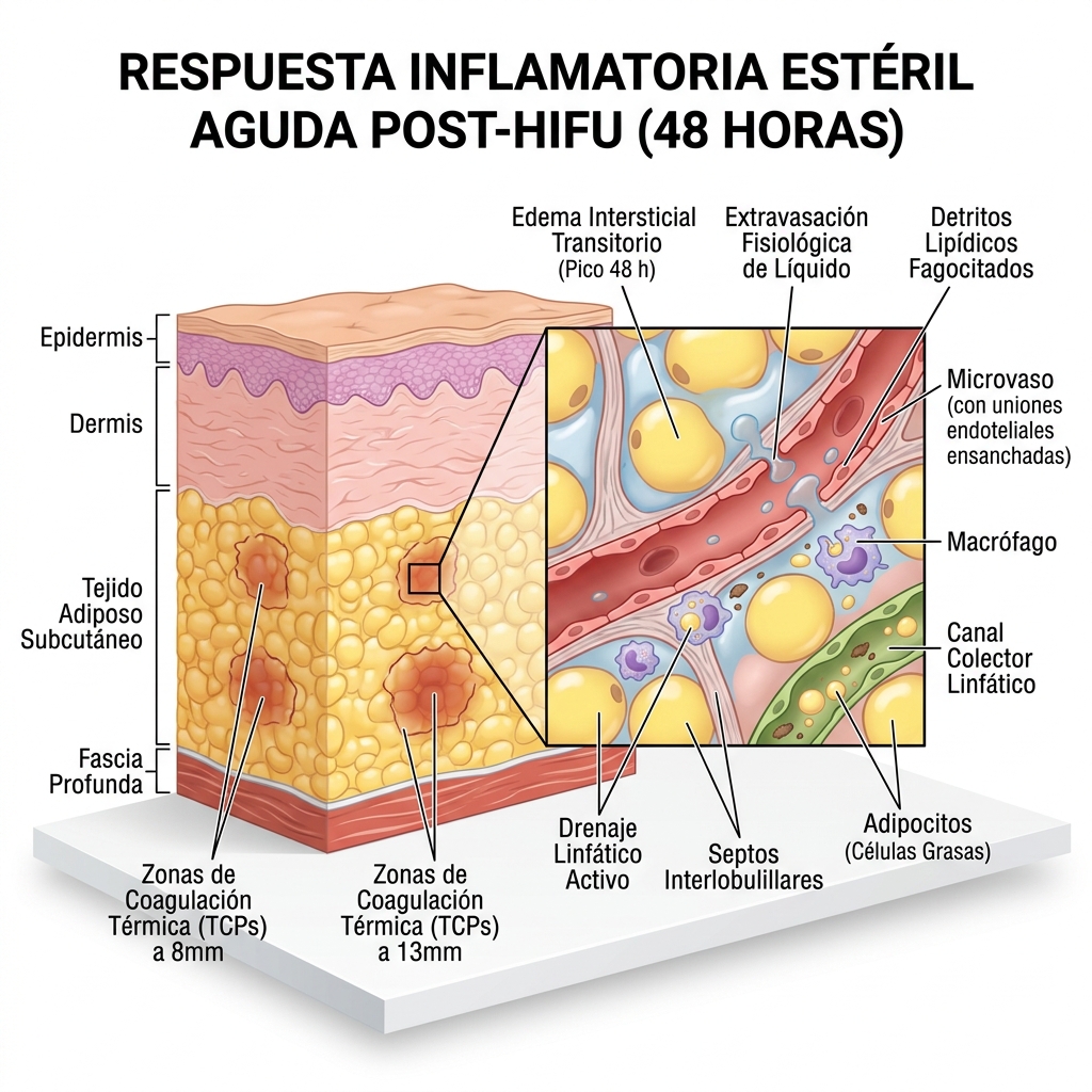 Diagrama 3D fisiológico que ilustra la permeabilidad vascular aumentada y la acumulación transitoria de líquido intersticial en el panículo adiposo post-HIFU.