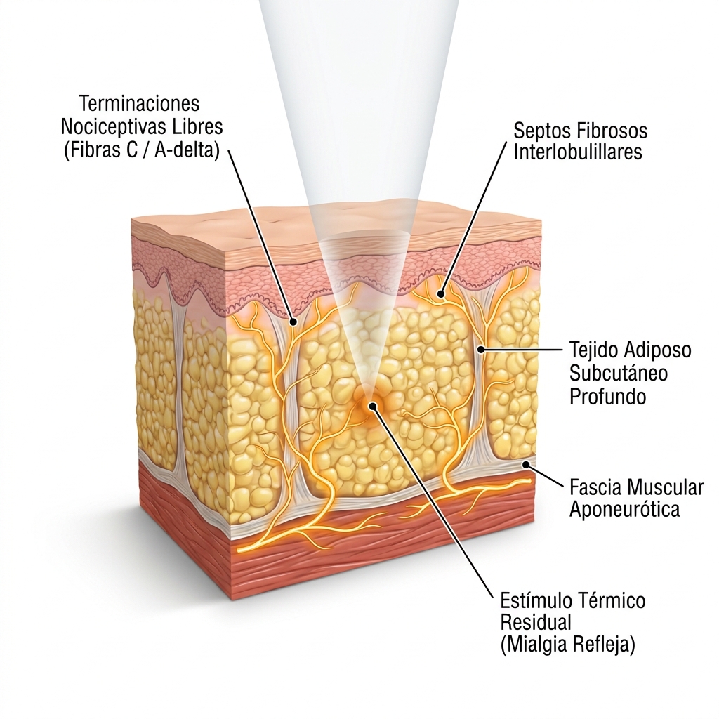 Ilustración 3D anatómica que muestra la estimulación mecánica y térmica residual de las terminaciones nerviosas amielínicas en los septos fibrosos y la fascia muscular.