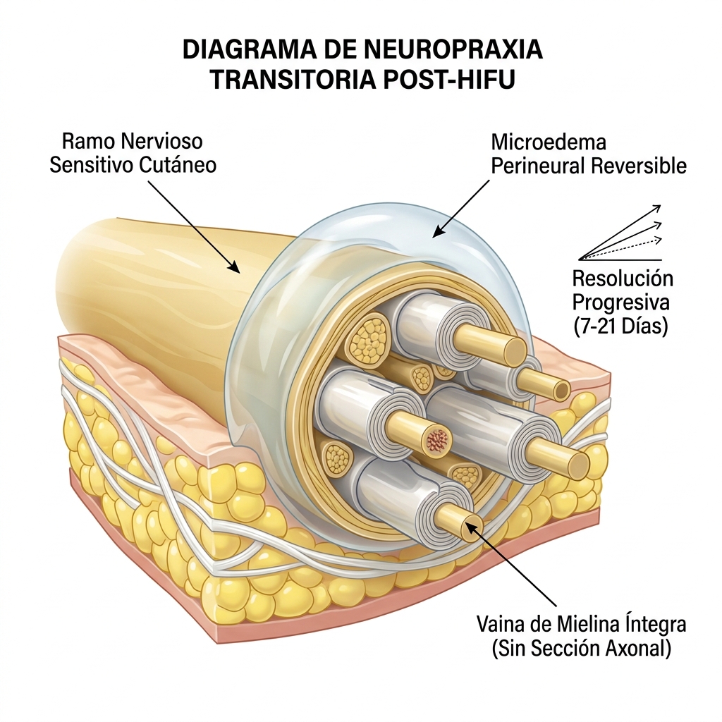 Diagrama 3D neuroanatómico que representa el microedema perineural que rodea los ramos nerviosos sensitivos cutáneos superficiales.
