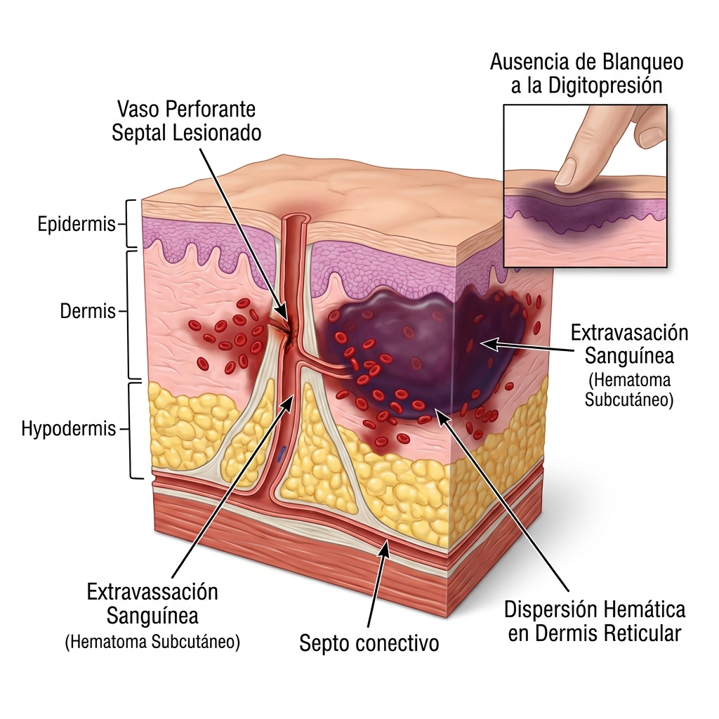 Esquema 3D en corte anatómico transversal que muestra la termocoagulación involuntaria de un vaso perforante y la extravasación hemática en la hipodermis.