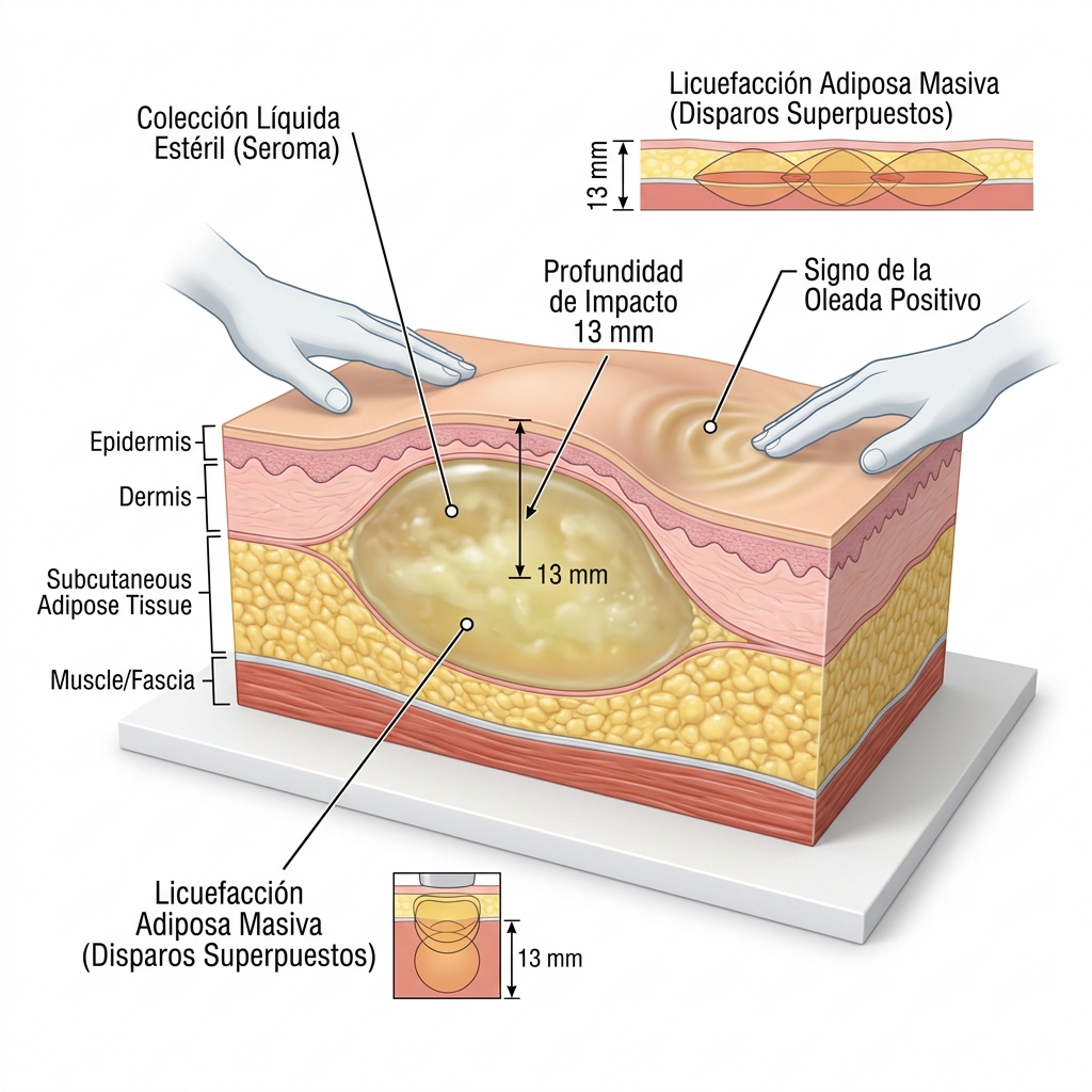 Corte 3D anatómico que ilustra la formación de un seroma subcutáneo encapsulado por superposición excesiva de disparos de 13 mm.