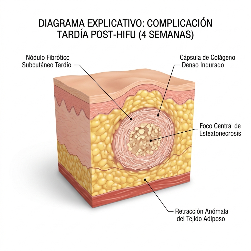Diagrama 3D histopatológico que representa el encapsulamiento fibrótico denso de un foco de esteatonecrosis en el panículo adiposo.