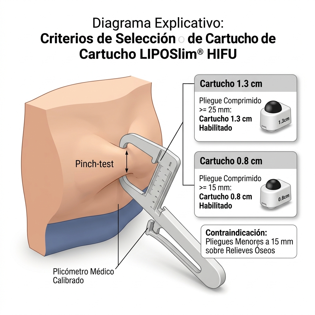Render 3D técnico que muestra la medición de pliegue cutáneo con plicómetro calibrado para la selección de cartuchos de 0.8 cm y 1.3 cm de LIPOSlim®.