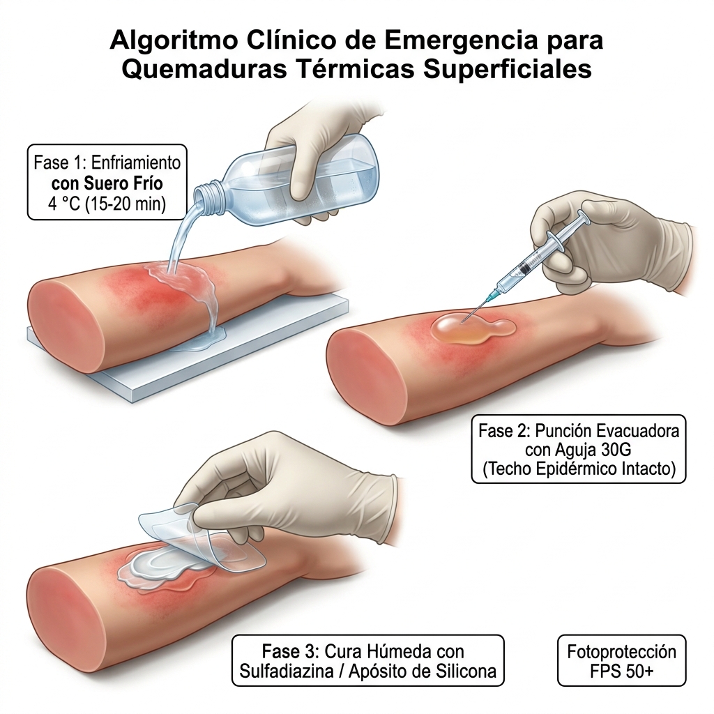 Diagrama clínico 3D secuencial del protocolo de manejo inmediato de quemaduras: irrigación con suero fisiológico a 4 °C, punción aséptica evacuadora de flictena y cura oclusiva no adherente.