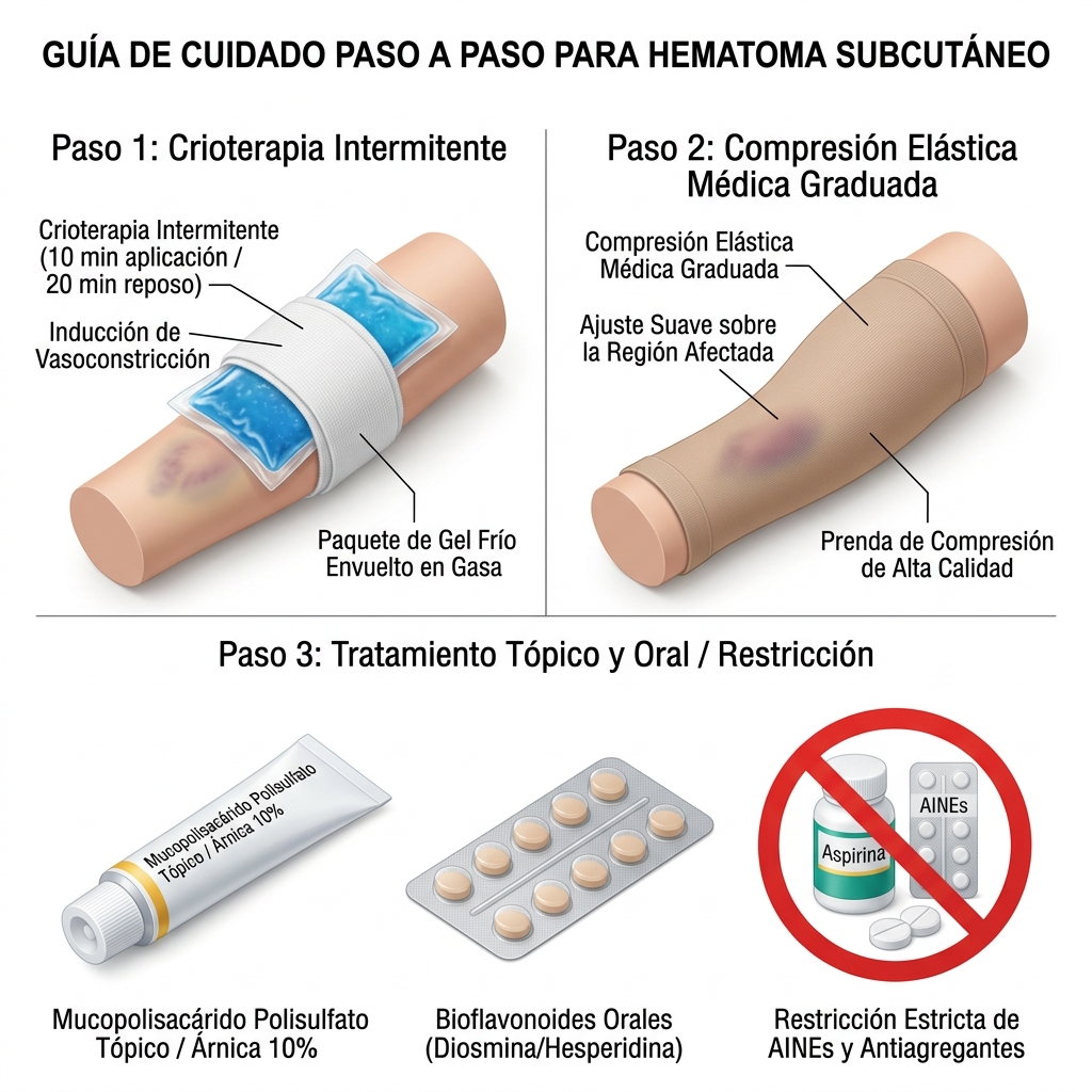 Infografía médica 3D que ilustra el tratamiento de hematomas post-HIFU: crioterapia intermitente, compresión elástica médica y aplicación de agentes tópicos degradadores de hemosiderina.