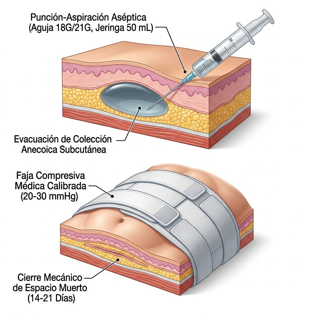 Render 3D de procedimiento médico mostrando la punción-aspiración estéril guiada por ultrasonido de un seroma con aguja 18G/21G y posterior faja compresiva de 20-30 mmHg.