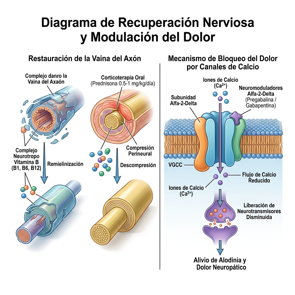 Esquema biomédico 3D que ilustra la farmacoterapia de neuroprotección (corticoides orales, vitaminas B neurotropas) y neuromodulación (Pregabalina/Gabapentina) para neuropraxia.