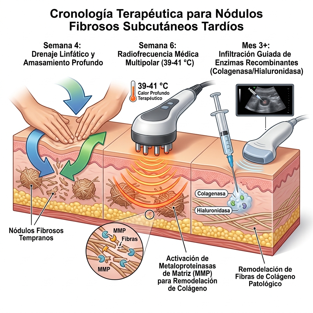 Diagrama clínico 3D evolutivo del manejo de nódulos fibróticos: drenaje linfático manual a la 4.ª semana, radiofrecuencia médica a la 6.ª semana e infiltración enzimática focal guiada.