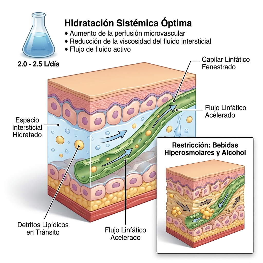 Esquema 3D biofísico que ilustra la dinámica de fluidos intersticiales y aclaramiento linfático promovido por la ingesta hídrica óptima post-HIFU.