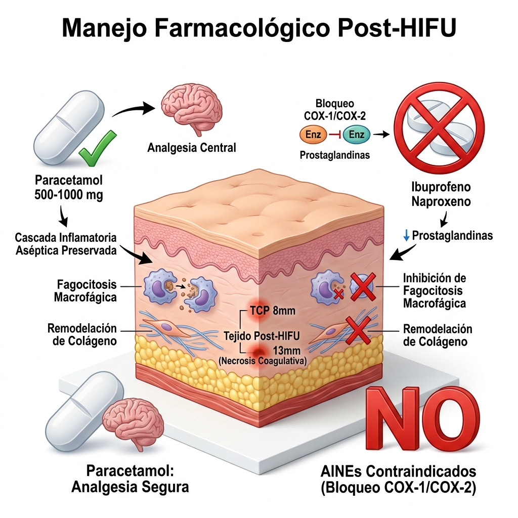 Esquema bioquímico y clínico 3D comparativo sobre la acción del Paracetamol versus la contraindicación estricta de AINEs post-HIFU.