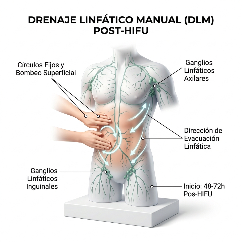 Esquema anatómico 3D de drenaje linfático manual corporal mostrando las líneas de flujo de Vodder/Leduc hacia los ganglios axilares e inguinales.