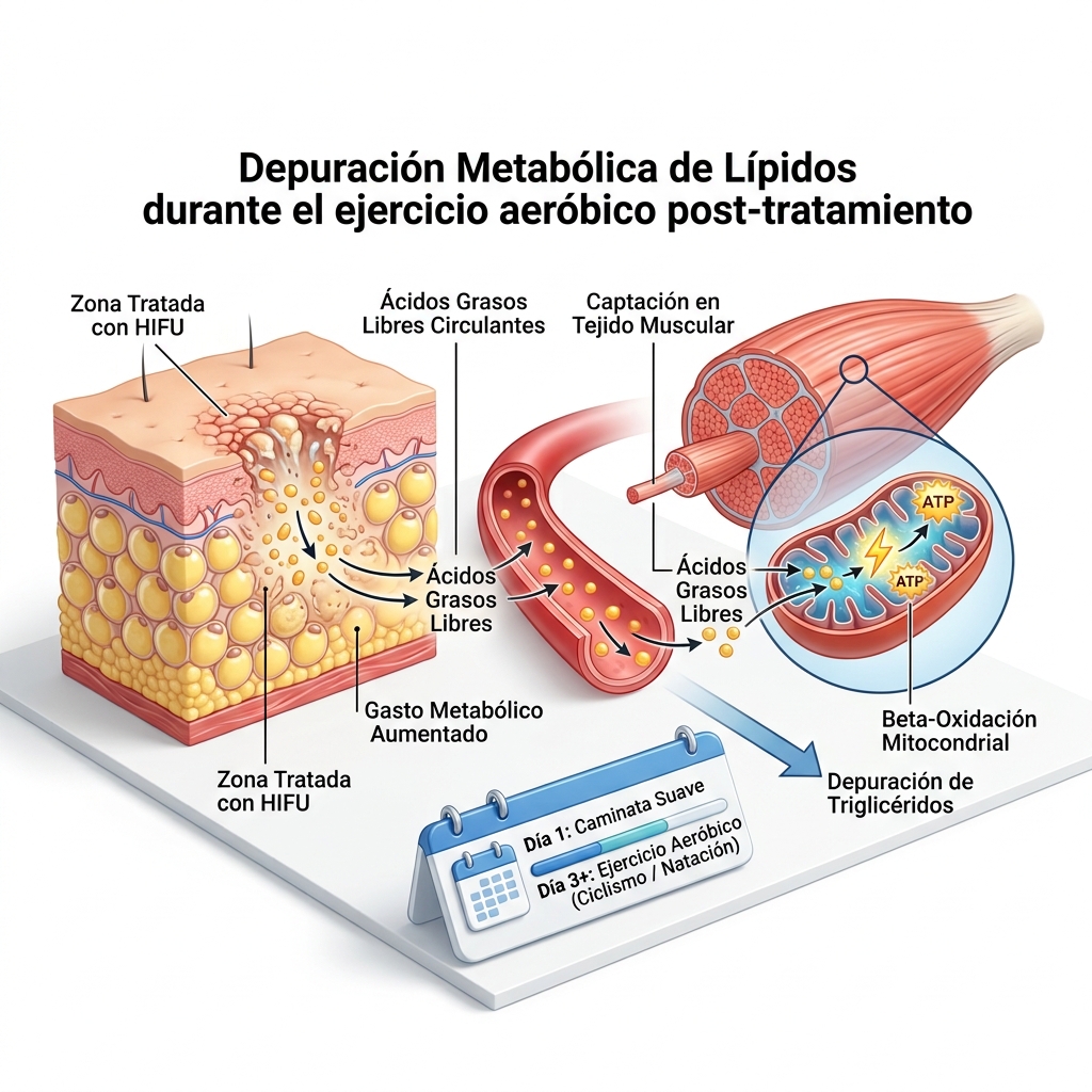 Diagrama 3D biomédico de la estimulación metabólica y combustión mitocondrial de ácidos grasos libres mediante ejercicio aeróbico pos-HIFU.