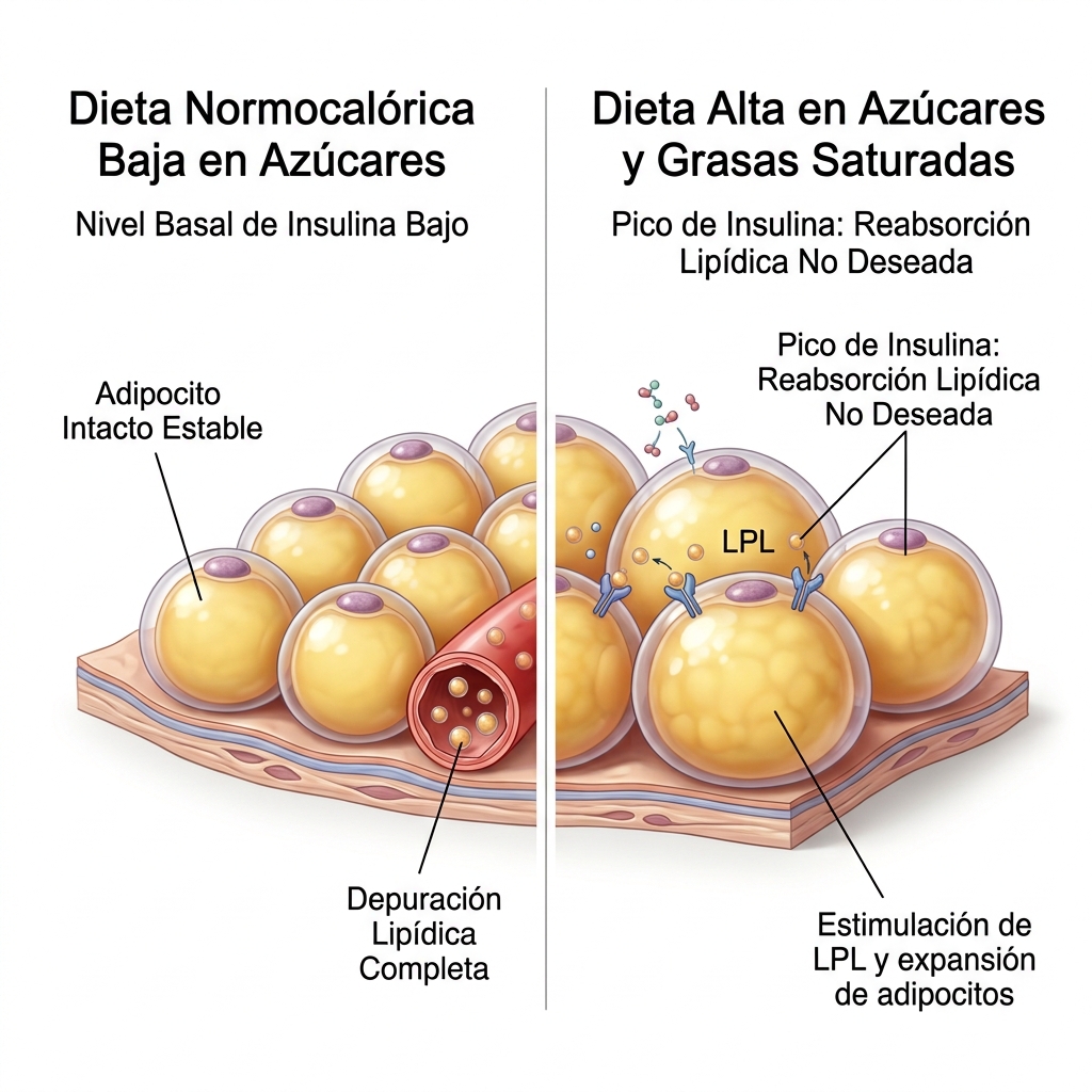 Infografía técnica 3D de regulación insulínica y metabolismo de adipocitos según pauta nutricional post-HIFU.