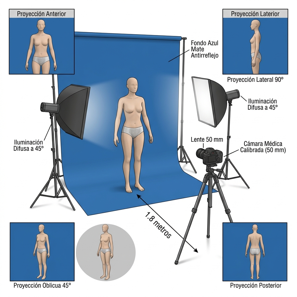 Render 3D de estudio clínico estandarizado para fotografía médica corporal (distancia 1.8 m, 50 mm, iluminación 45° y 4 proyecciones).