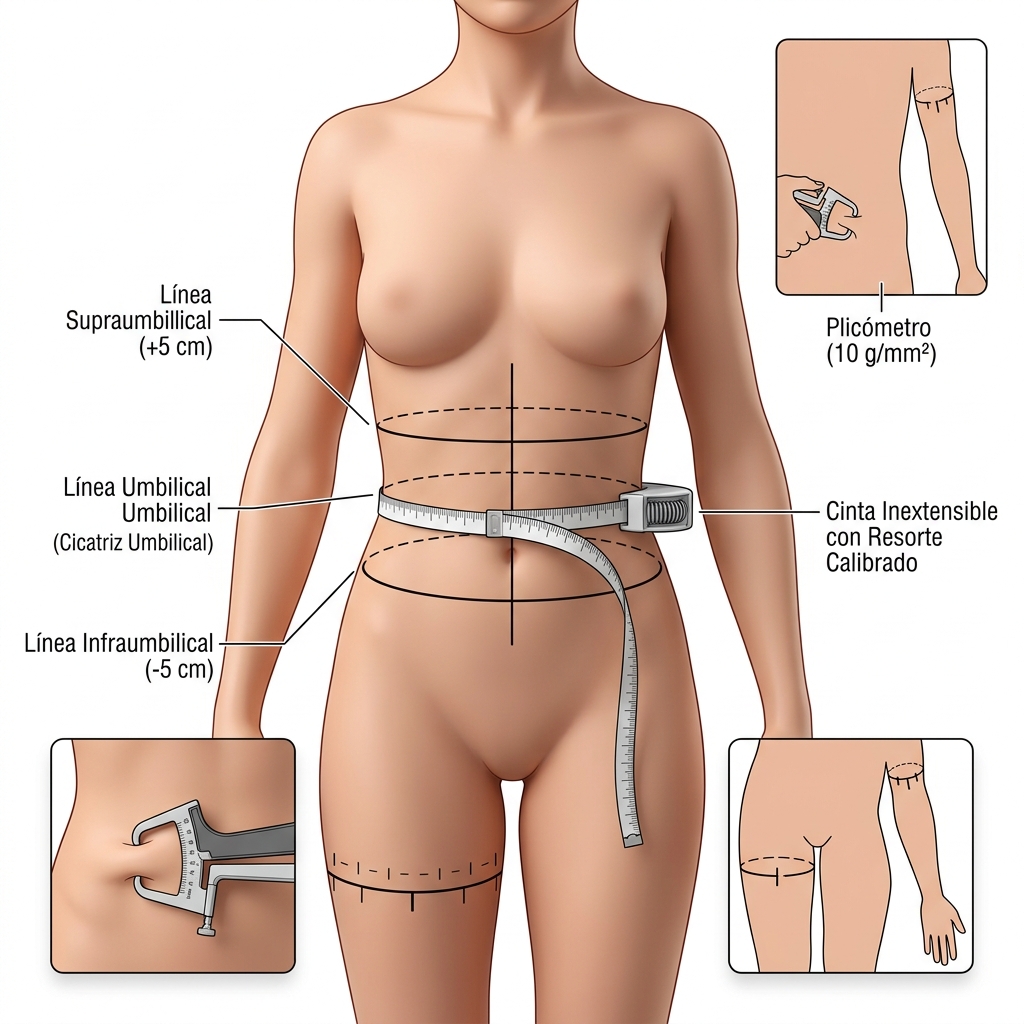 Esquema 3D antropométrico que ilustra los puntos de marcaje y medición con cinta métrica tensiómetrica y plicometría en abdomen y extremidades.