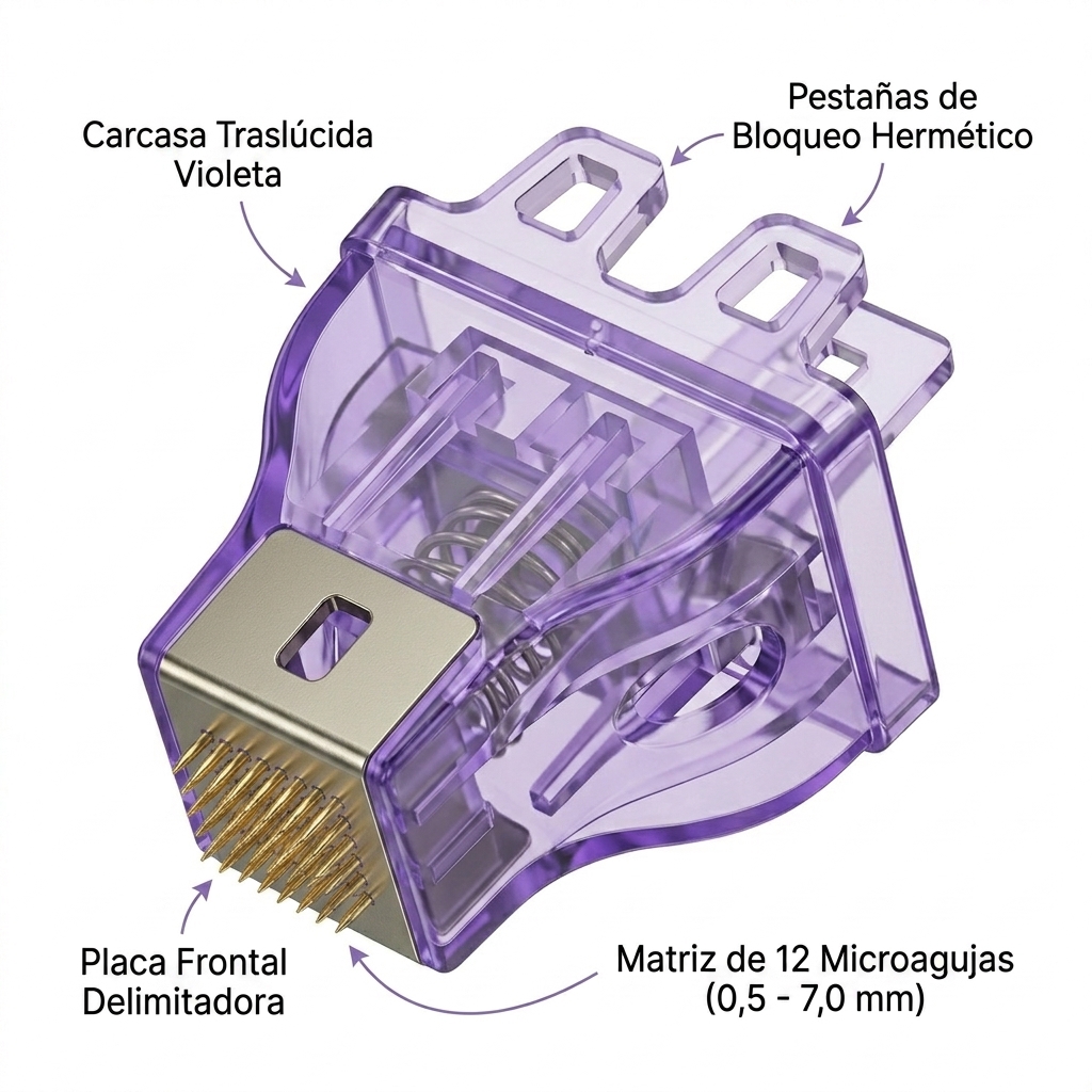 Render 3D en primer plano y vista de contacto activa del cartucho de 12 pines para áreas perioculares.