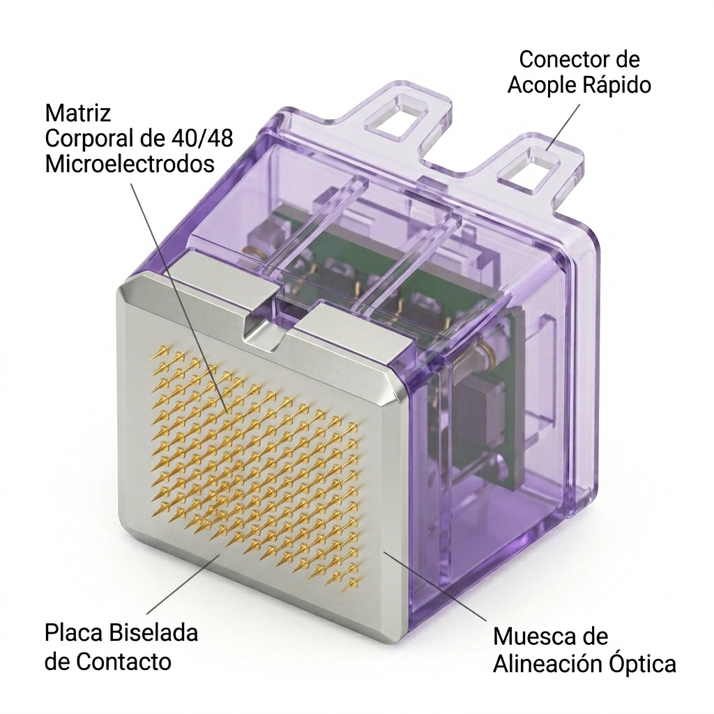 Render 3D del cabezal corporal de 40/48 pines enfocado en su rejilla biselada de alta densidad.