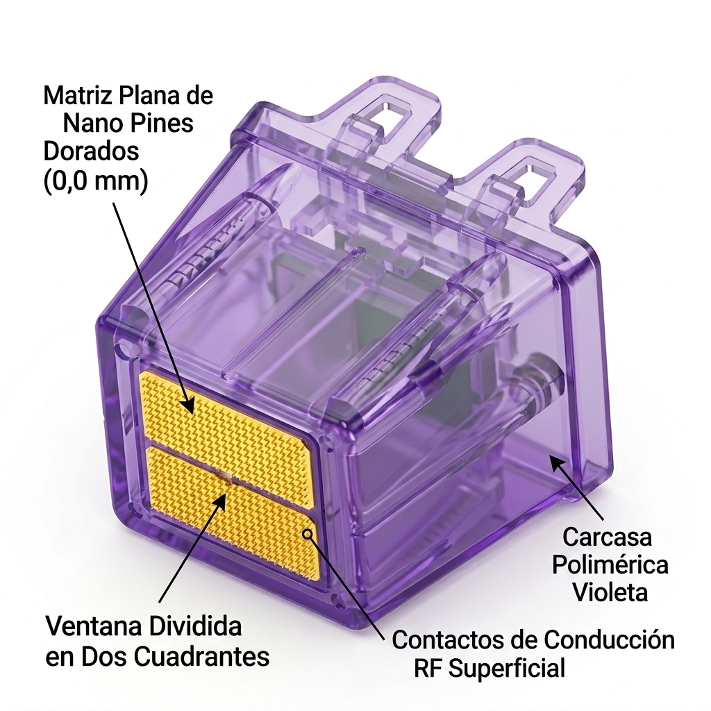 Render 3D macro del cartucho Nano Pins no invasivo exhibiendo su matriz superficial dorada.