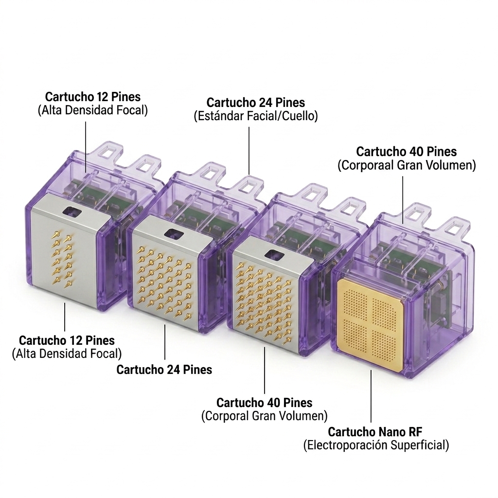Render técnico 3D comparativo de los 4 cartuchos intercambiables del sistema Morphix RF (12 pines, 24 pines, 40 pines y Nano Pins) alineados y mostrando sus matrices activas.