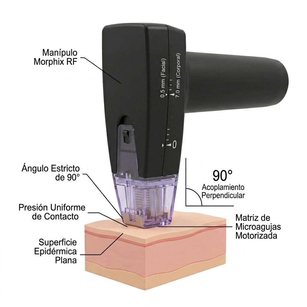 Esquema técnico 3D del manípulo de radiofrecuencia Morphix RF colocado perpendicularmente a 90 grados contra la superficie cutánea demostrando el acoplamiento mecánico adecuado.