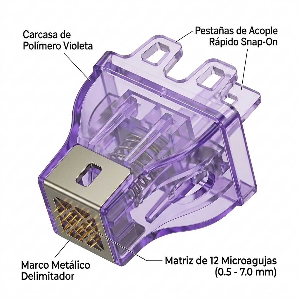 Render técnico 3D en perspectiva del cartucho de 12 pines de Morphix RF mostrando su matriz activa y acople.
