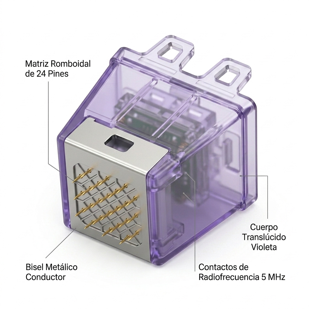 Render técnico 3D del cabezal de 24 pines en posición operativa destacando la rejilla romboidal de microagujas.