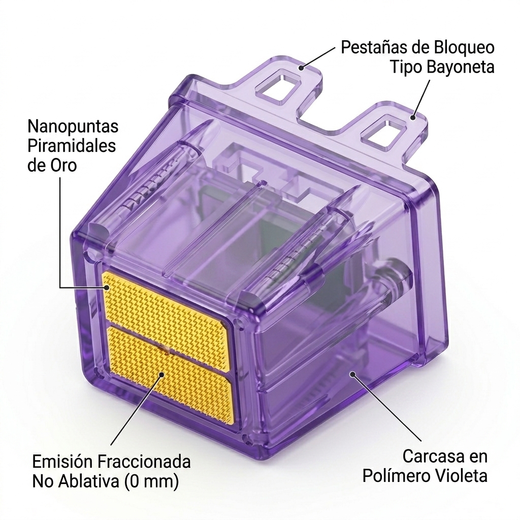 Render 3D detallado del cartucho Nano Pins con microestructuras piramidales chapadas en oro.