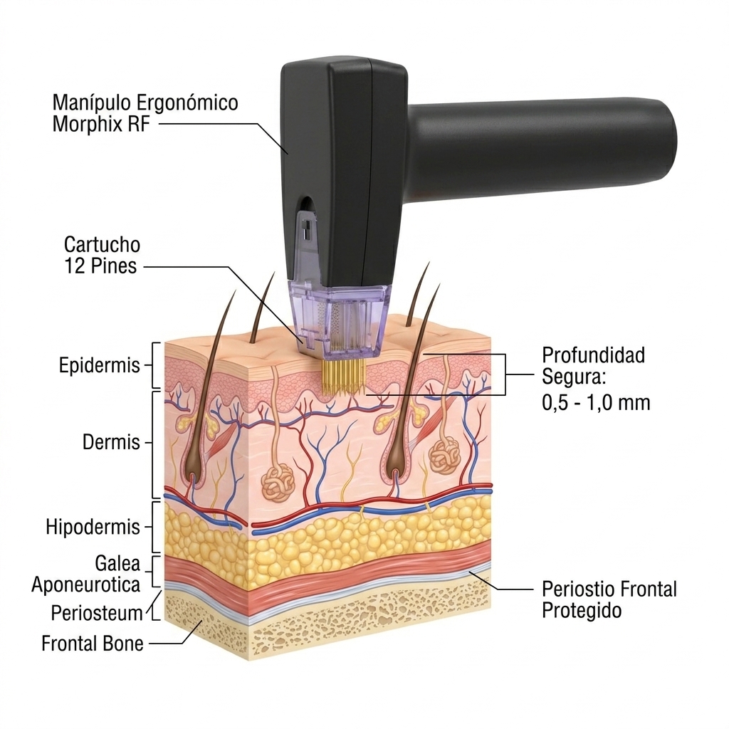 Render del manípulo aplicando perpendicularmente sobre la región frontal y periocular con cartucho de microagujas de 12 pines a profundidad superficial.