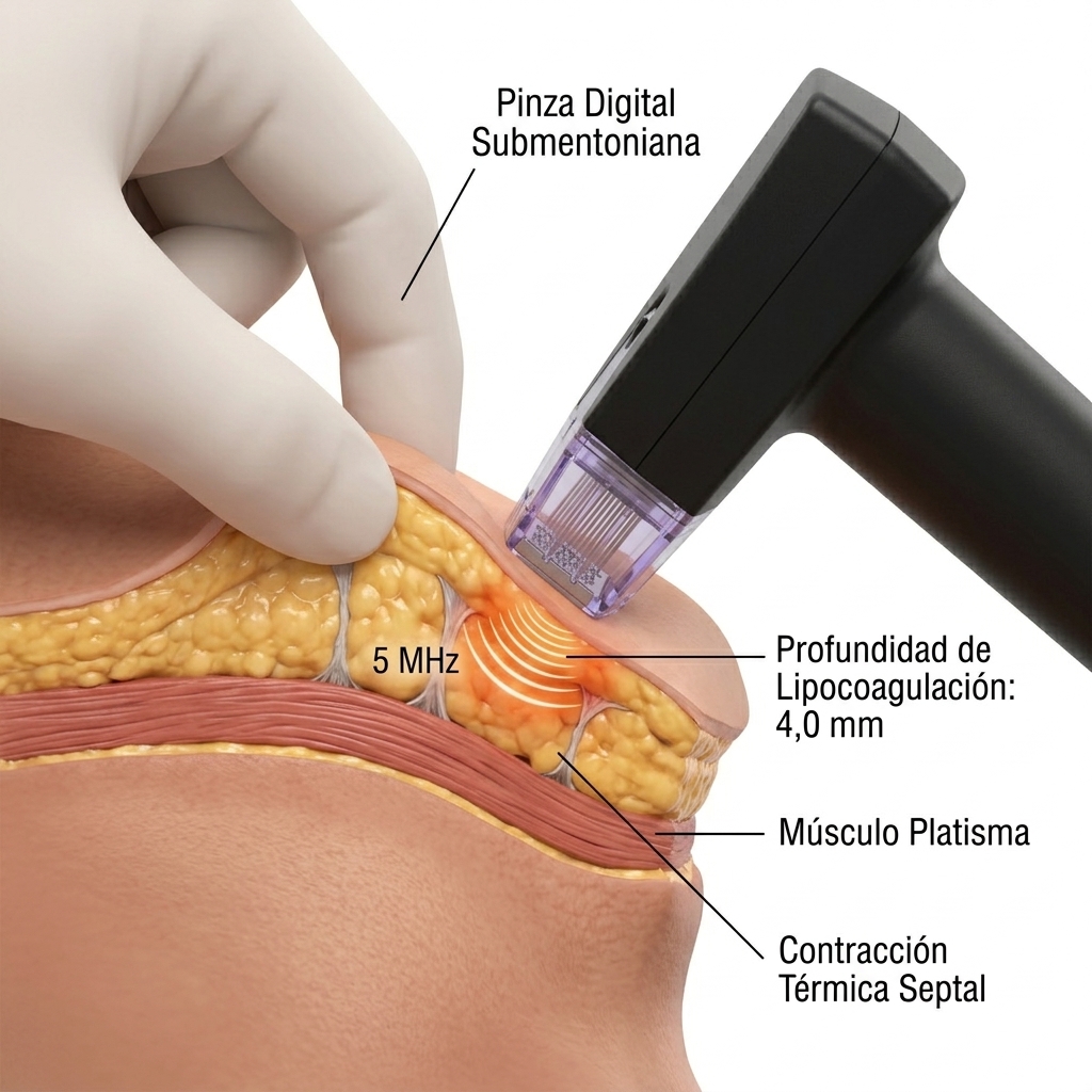 Ilustración de la maniobra de pinzamiento bimanual y aplicación de radiofrecuencia submentoniana a 4,0 mm para lipocoagulación.