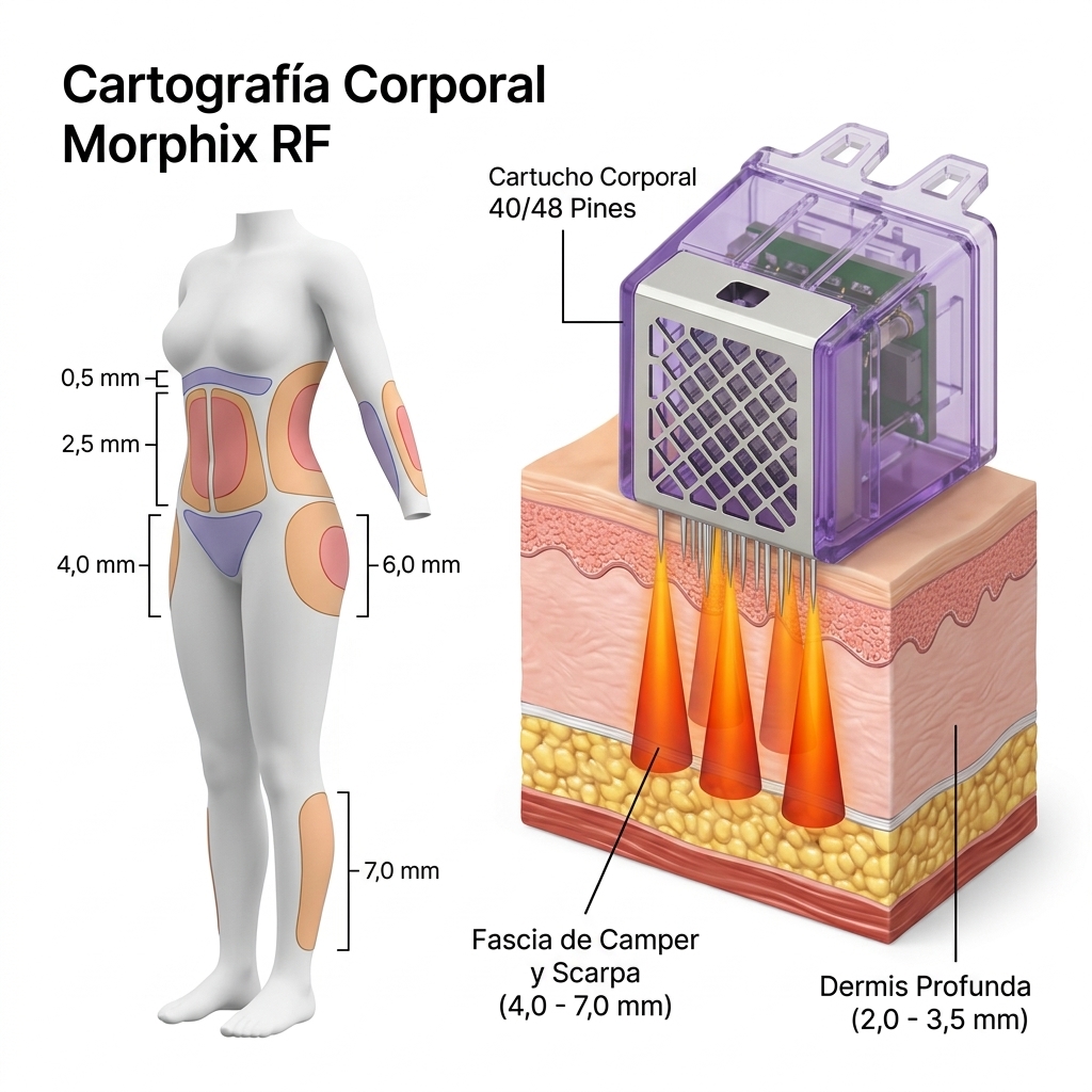 Diagrama de cartografía corporal y penetración tisular profunda con el cartucho de 40/48 pines.