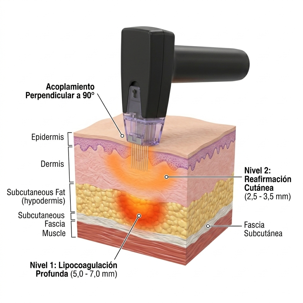 Corte transversal de pared abdominal mostrando el protocolo de aplicación en dos niveles con cartucho de 40 pines a 90 grados.