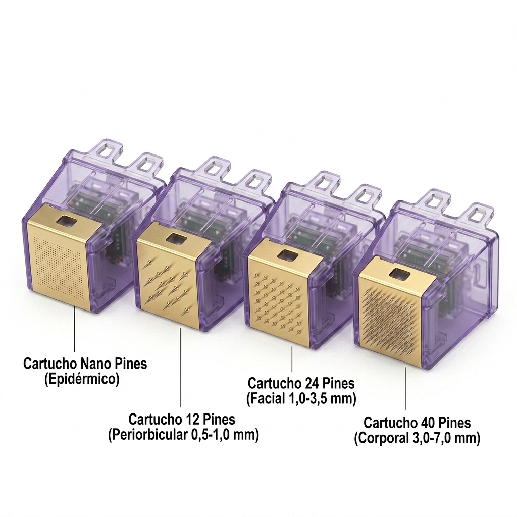 Comparativa técnica 3D de los cartuchos de microagujas (Nano, 12, 24 y 40 pines) alineados según sus profundidades y zonas anatómicas.