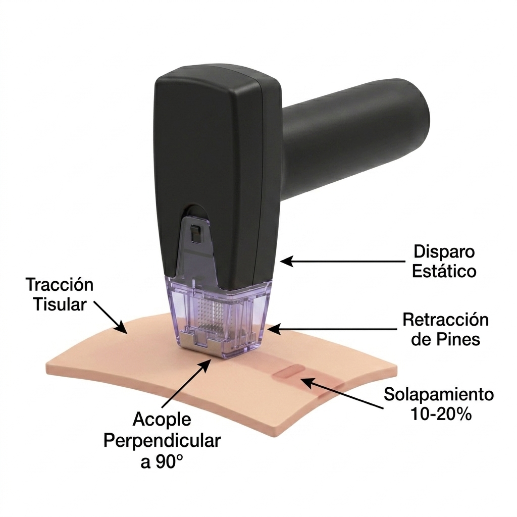 Diagrama de flujo operativo y biomecánico mostrando el manípulo en posición activa a 90 grados sobre la piel.