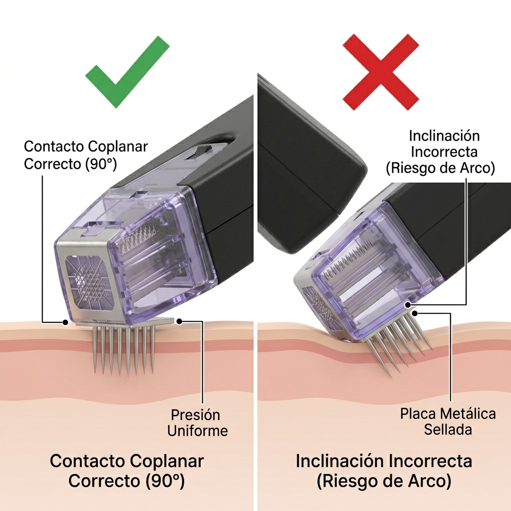 Vista en detalle del cabezal del manípulo acoplado a 90° coplanar sobre la piel vs error de angulación oblicua.