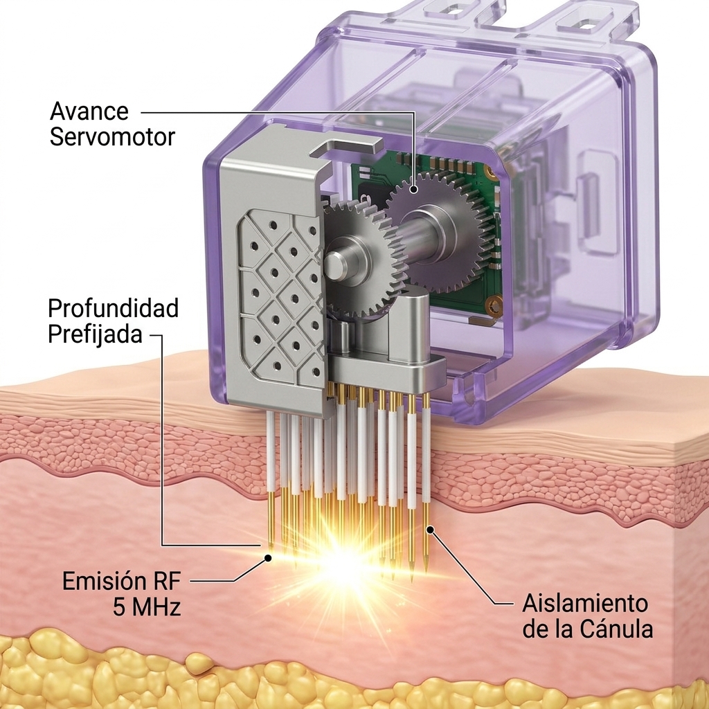 Corte transversal de las microagujas motorizadas emergiendo del cabezal y penetrando la piel con emisión RF distal.