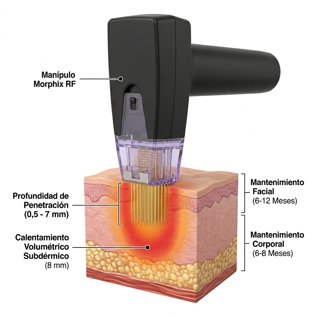 Render 3D de manípulo Morphix RF con cabezal de microagujas en posición activa de 90° aplicando mantenimiento facial y corporal con penetración profunda.