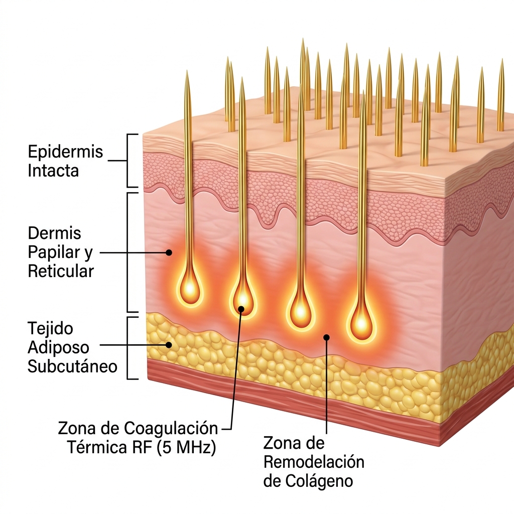 Esquema biofísico 3D de corte transversal de la piel que ilustra la penetración de microagujas a 5 MHz con zonas de coagulación térmica subdérmica y neocologénesis.