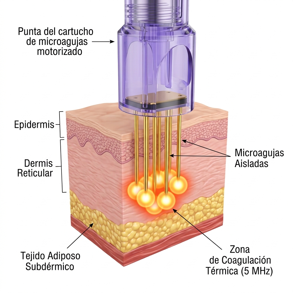 Diagrama biomecánico 3D en corte anatómico transversal de la piel que muestra la penetración de microagujas motorizadas y la dispersión térmica volumétrica de radiofrecuencia a 5 MHz.